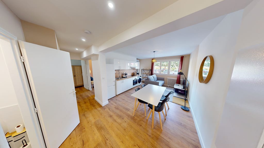 Salon et cuisine ouverte dans une colocation de 3 chambres à Montpellier nommée Firmina