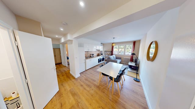 Salon et cuisine ouverte dans une colocation de 3 chambres à Montpellier nommée Firmina